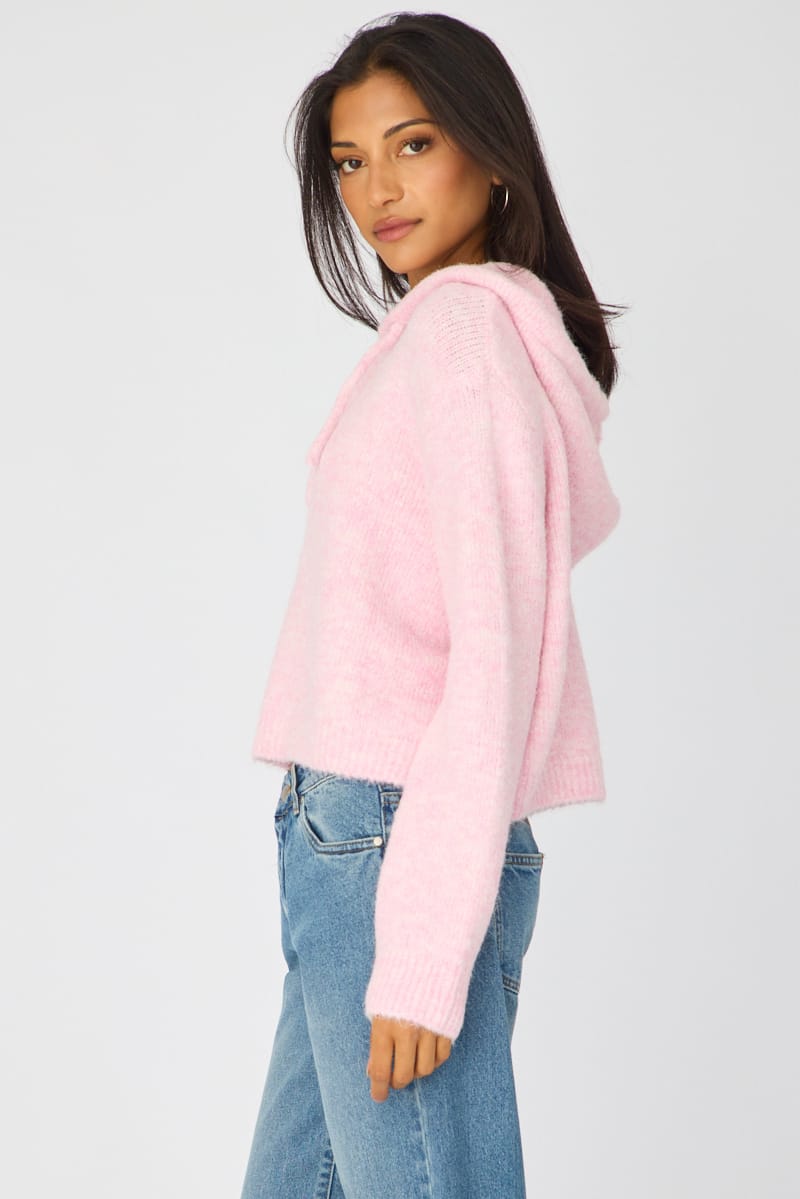 Pink Knit Hoodie Long Sleeve for Ally Fashion