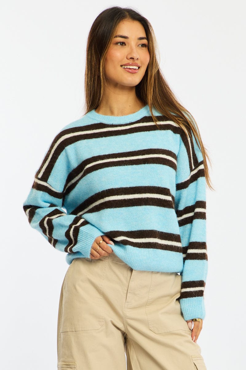Blue Stripe Stripe Knit Jumper Light Weight for Ally Fashion