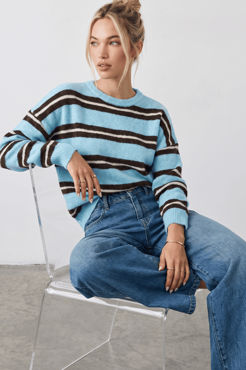 Blue Stripe Stripe Knit Jumper Light Weight for Ally Fashion