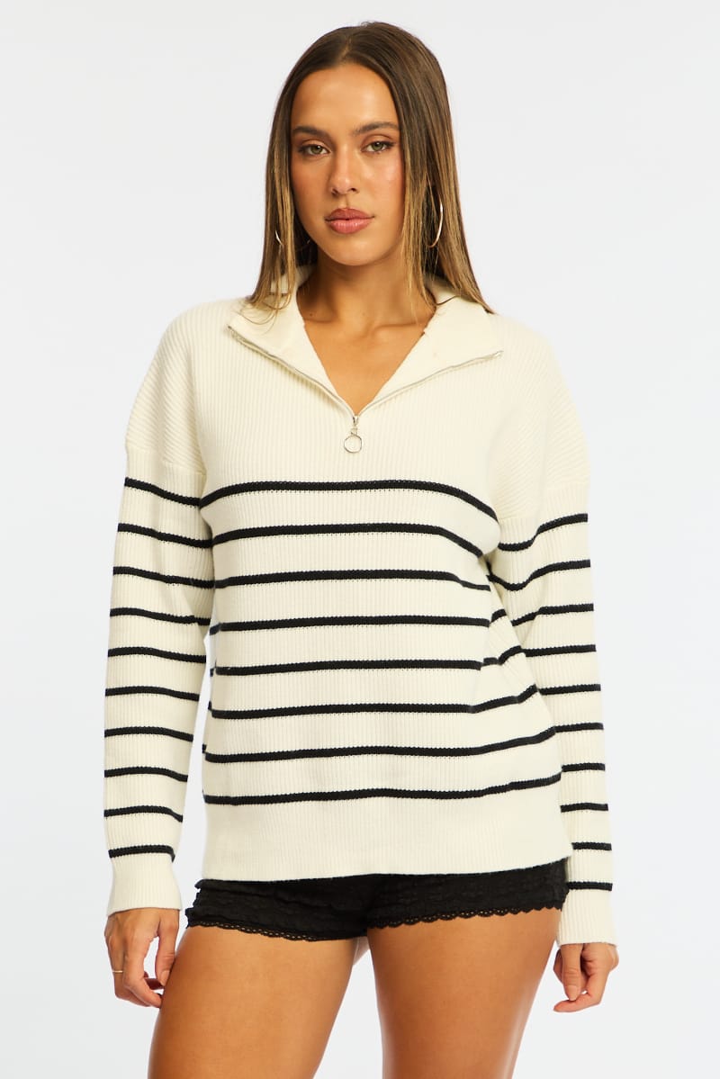 White Stripe Stripe Quarter Zip Knit Fold Down Collar for Ally Fashion
