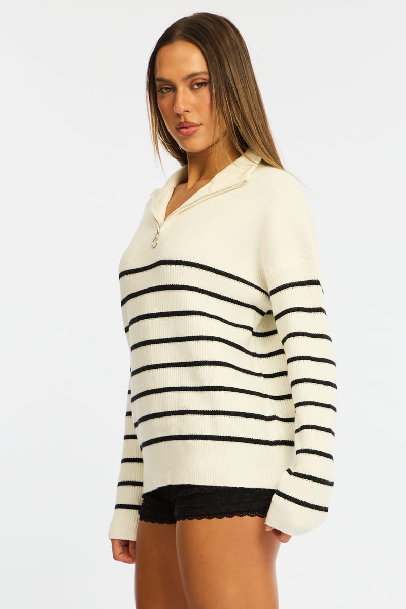White Stripe Stripe Quarter Zip Knit Fold Down Collar for Ally Fashion