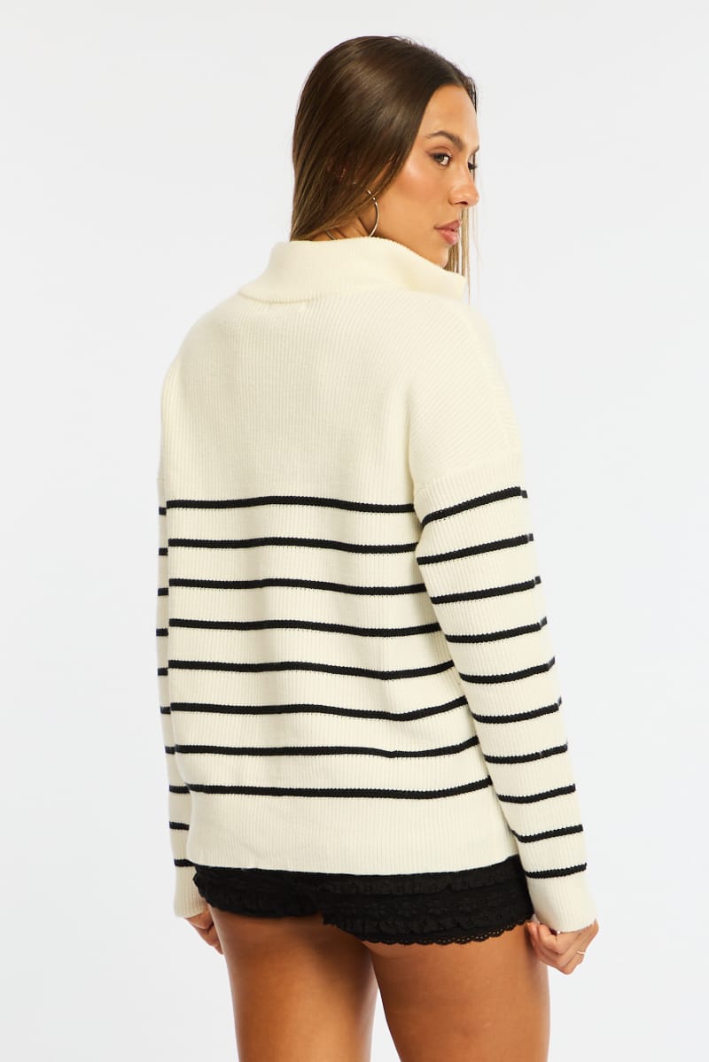 White Stripe Stripe Quarter Zip Knit Fold Down Collar for Ally Fashion