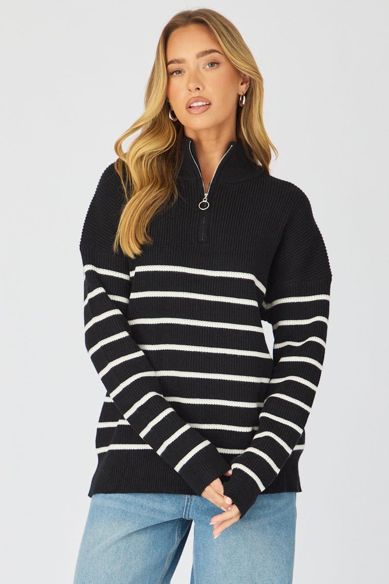 Black Stripe Stripe Quarter Zip Knit Fold Down Collar for Ally Fashion