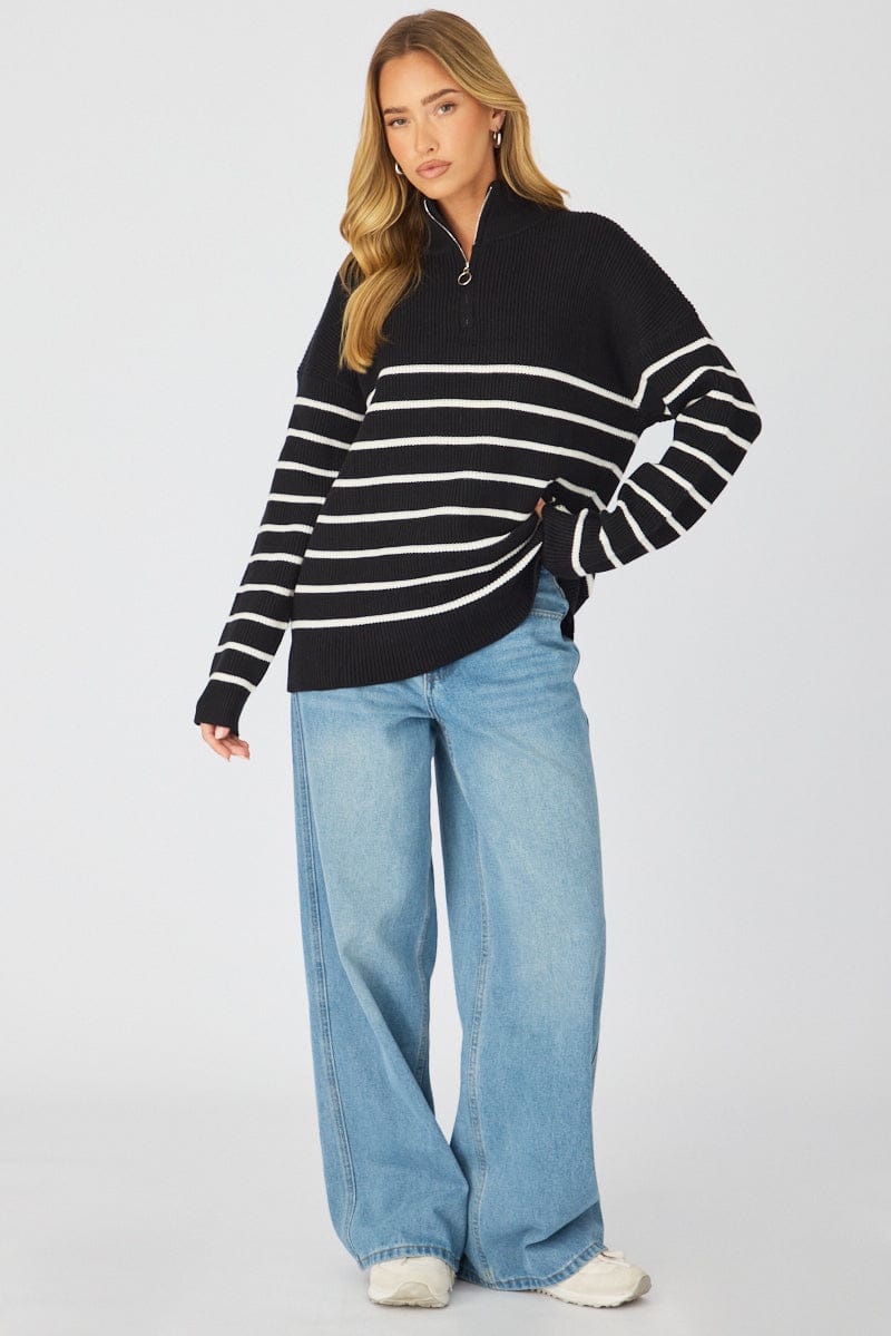 Black Stripe Stripe Quarter Zip Knit Fold Down Collar for Ally Fashion