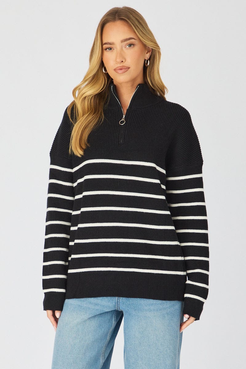 Black Stripe Stripe Quarter Zip Knit Fold Down Collar for Ally Fashion