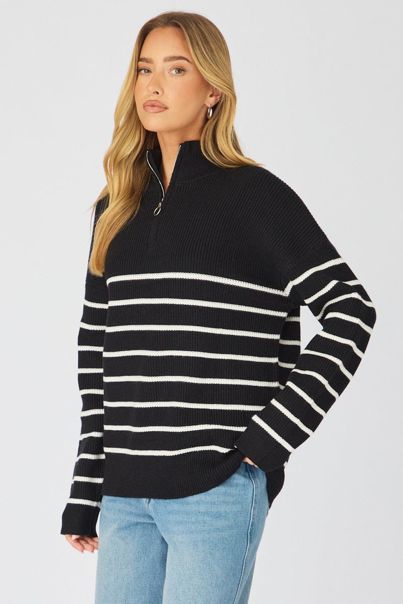Black Stripe Stripe Quarter Zip Knit Fold Down Collar for Ally Fashion
