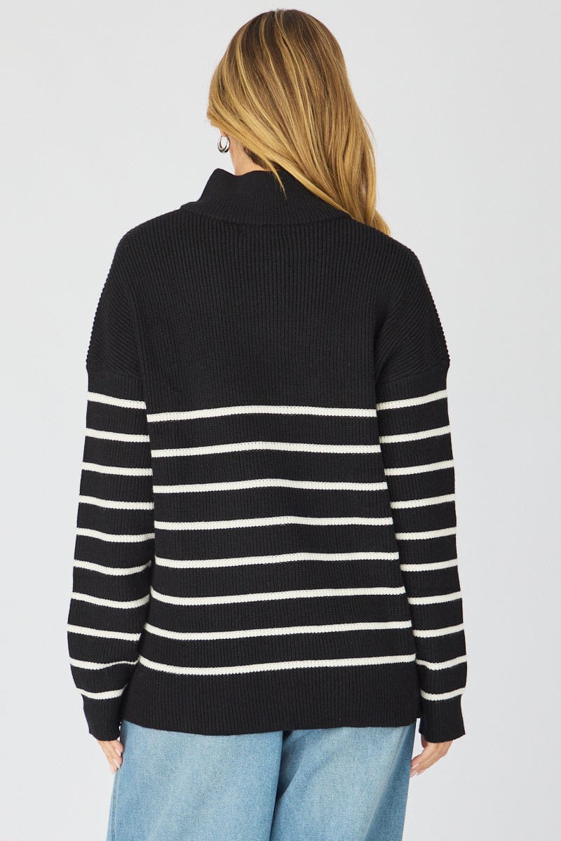 Black Stripe Stripe Quarter Zip Knit Fold Down Collar for Ally Fashion