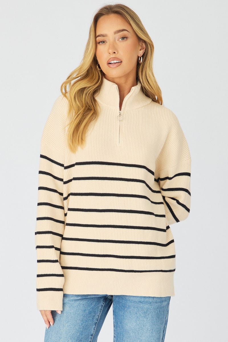 Beige Stripe Stripe Quarter Zip Knit Fold Down Collar for Ally Fashion