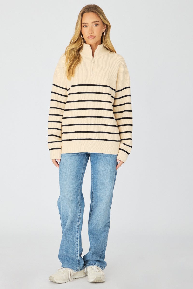 Beige Stripe Stripe Quarter Zip Knit Fold Down Collar for Ally Fashion