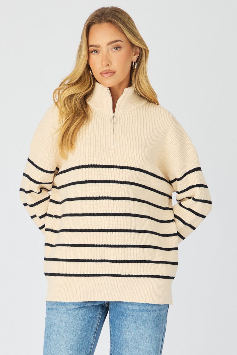 Beige Stripe Stripe Quarter Zip Knit Fold Down Collar for Ally Fashion