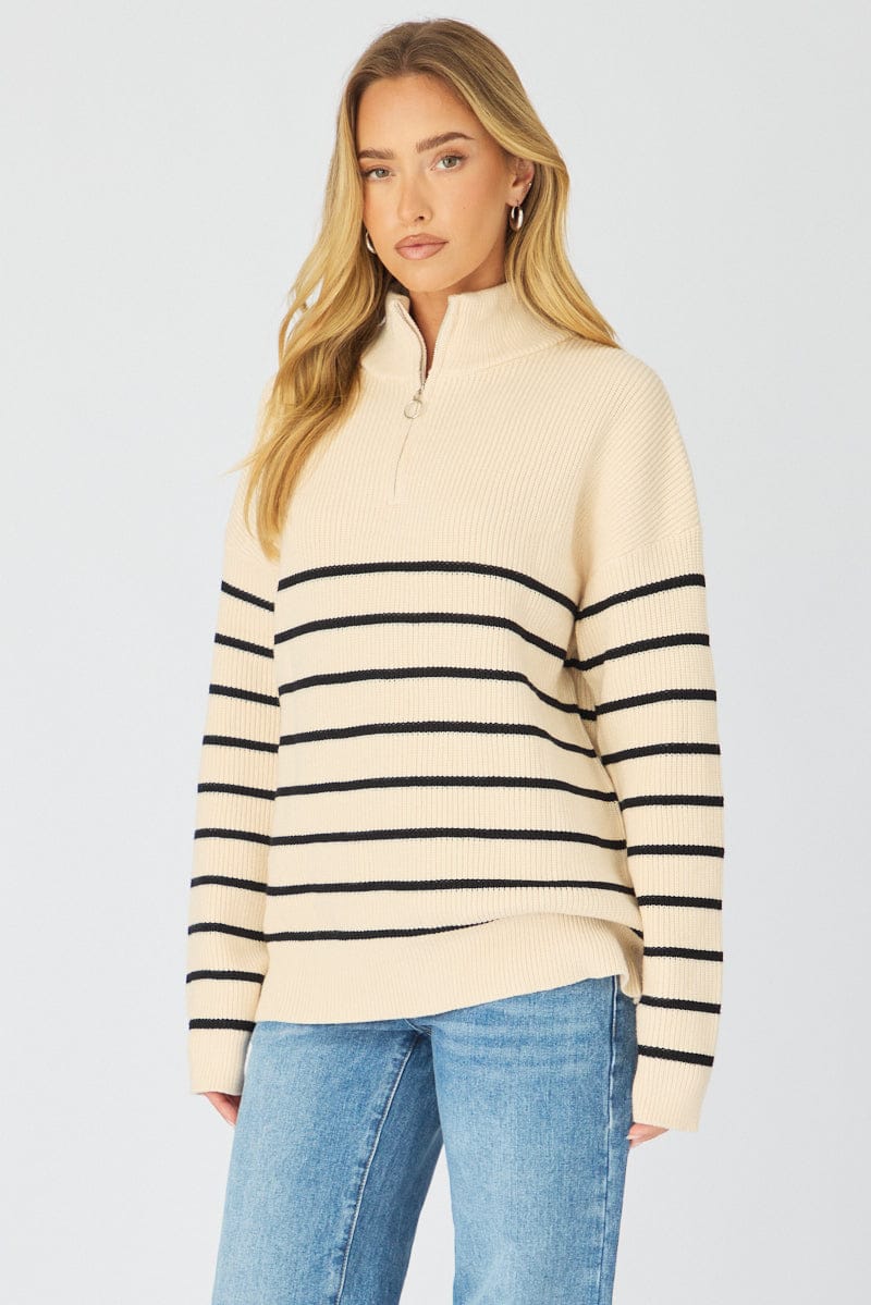 Beige Stripe Stripe Quarter Zip Knit Fold Down Collar for Ally Fashion