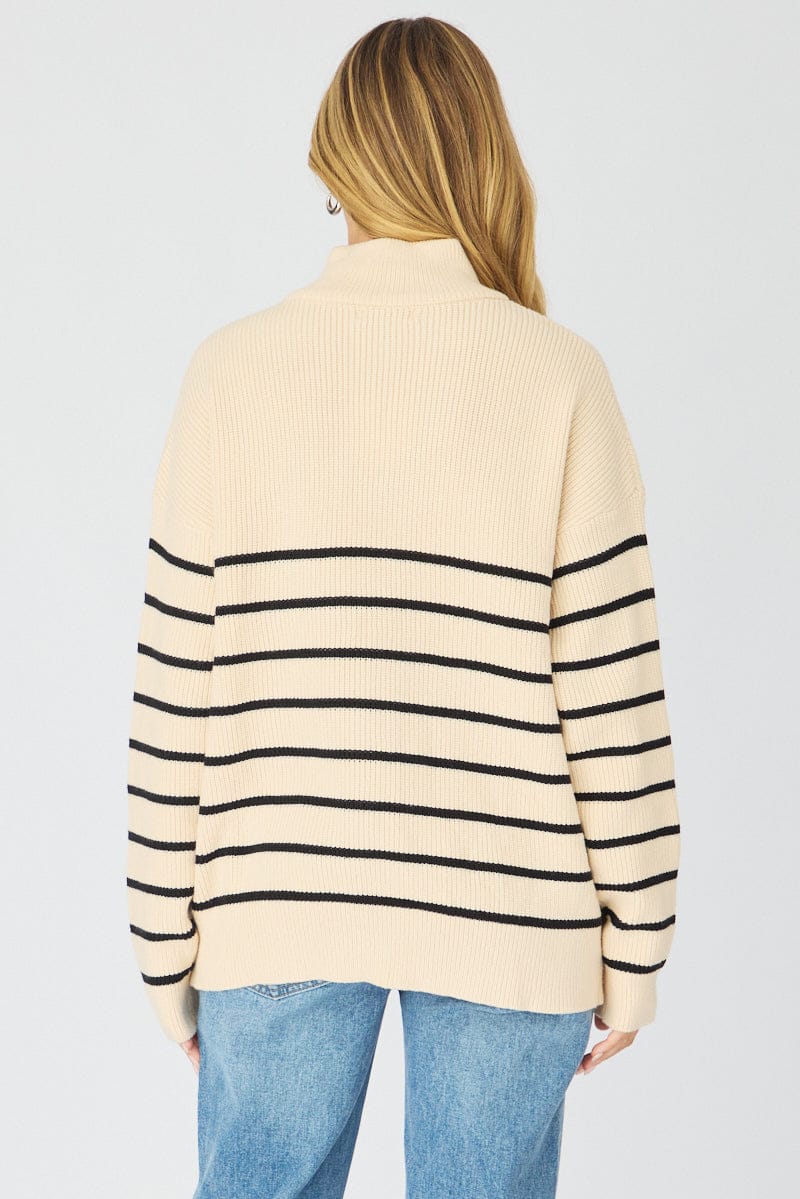Beige Stripe Stripe Quarter Zip Knit Fold Down Collar for Ally Fashion