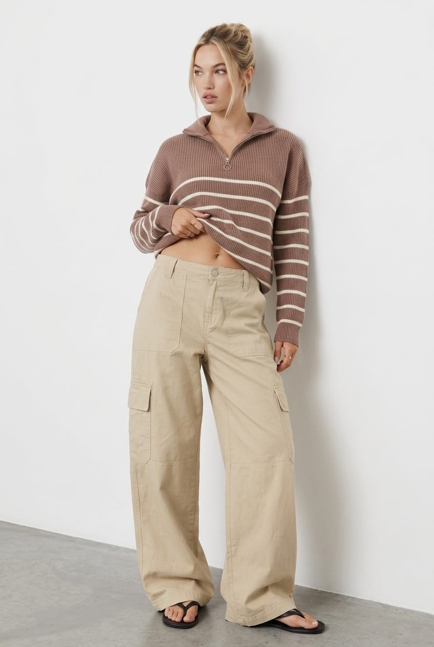 Brown Stripe Stripe Quarter Zip Knit Fold Down Collar