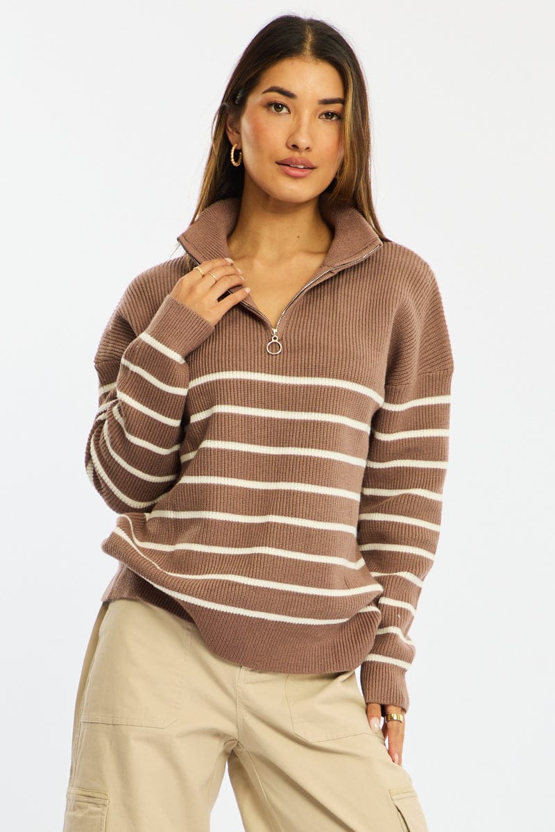 Brown Stripe Stripe Quarter Zip Knit Fold Down Collar for Ally Fashion