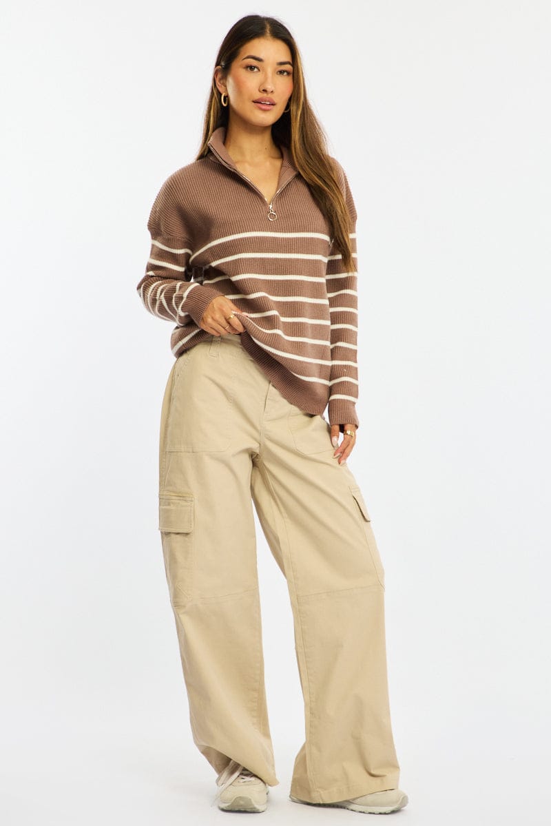 Brown Stripe Stripe Quarter Zip Knit Fold Down Collar for Ally Fashion