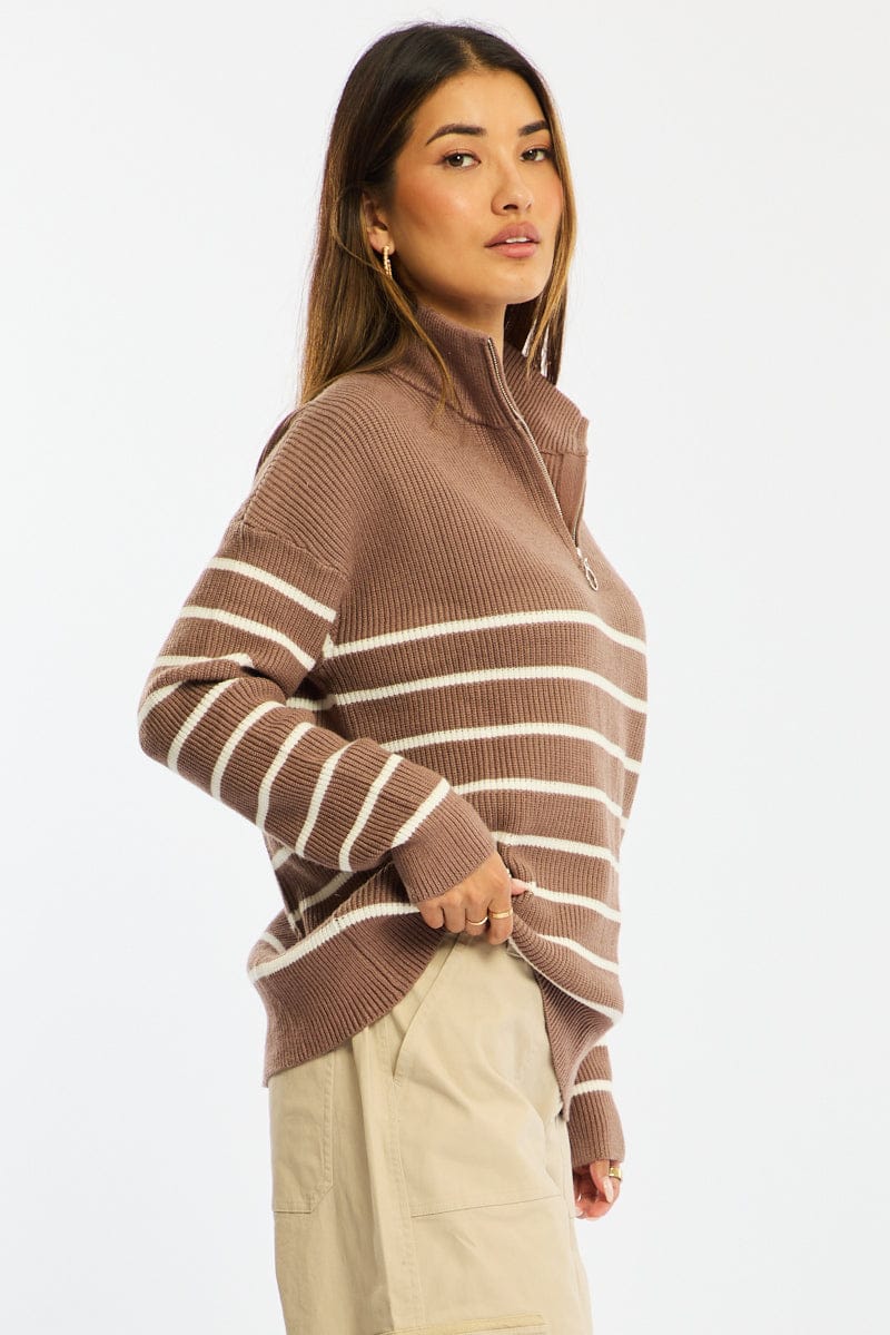 Brown Stripe Stripe Quarter Zip Knit Fold Down Collar for Ally Fashion