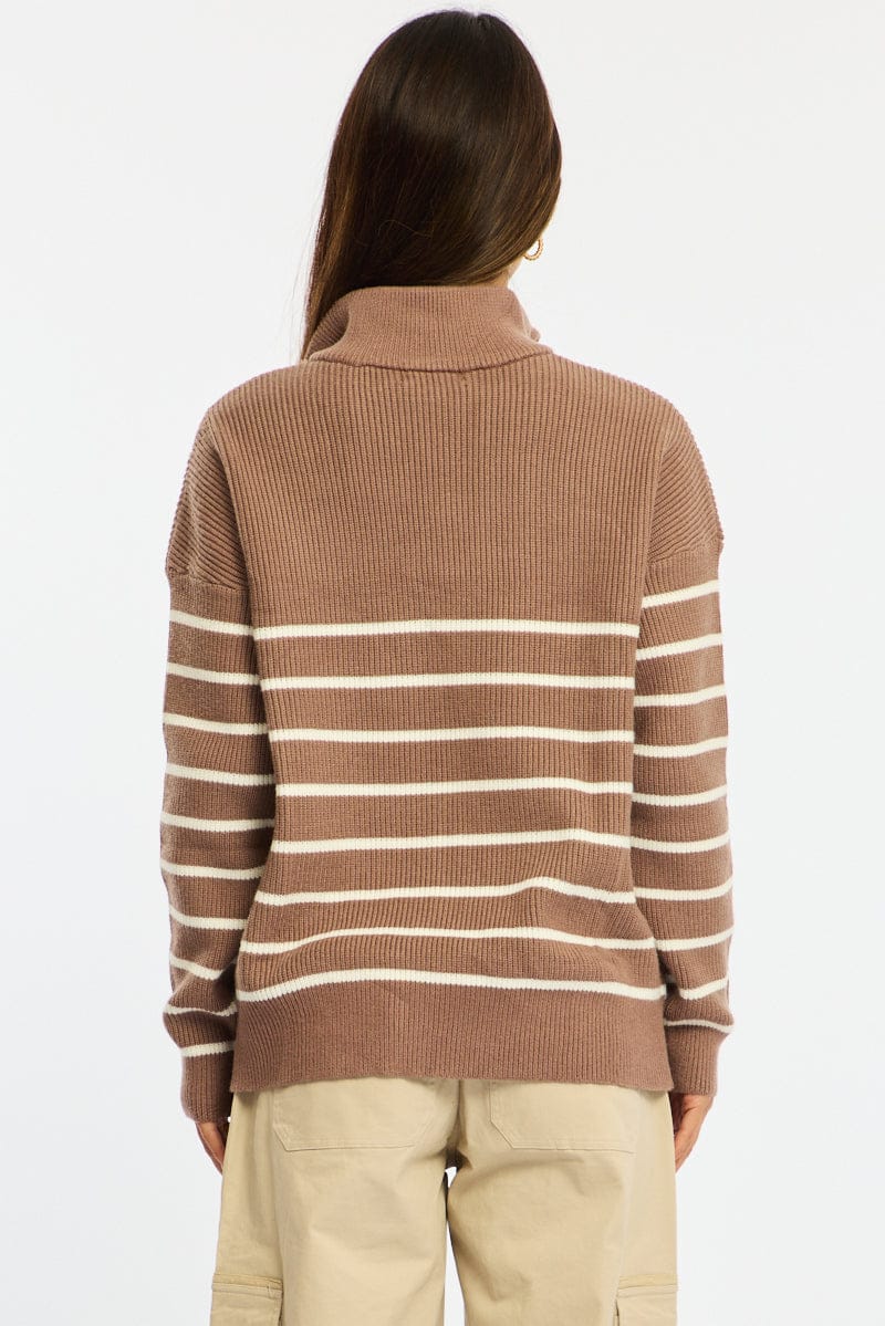 Brown Stripe Stripe Quarter Zip Knit Fold Down Collar for Ally Fashion
