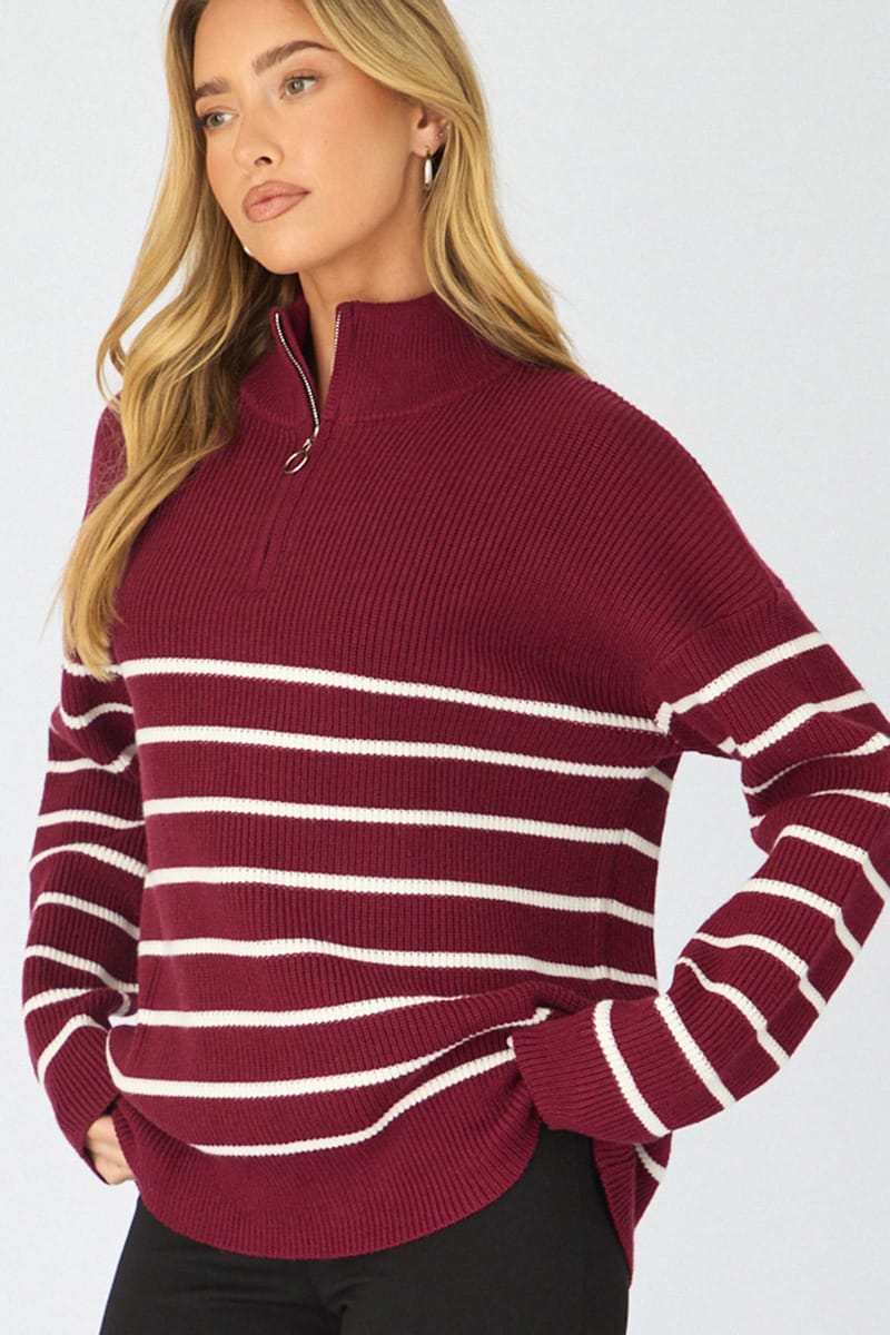 Red Stripe Stripe Quarter Zip Knit Fold Down Collar for Ally Fashion