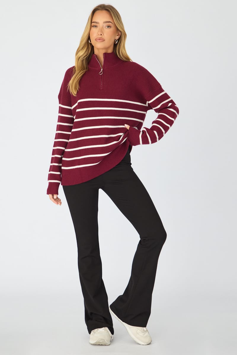 Red Stripe Stripe Quarter Zip Knit Fold Down Collar for Ally Fashion