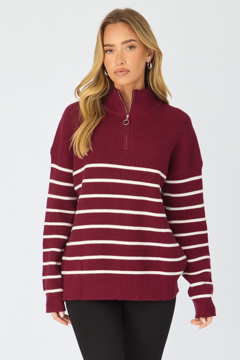 Red Stripe Stripe Quarter Zip Knit Fold Down Collar for Ally Fashion