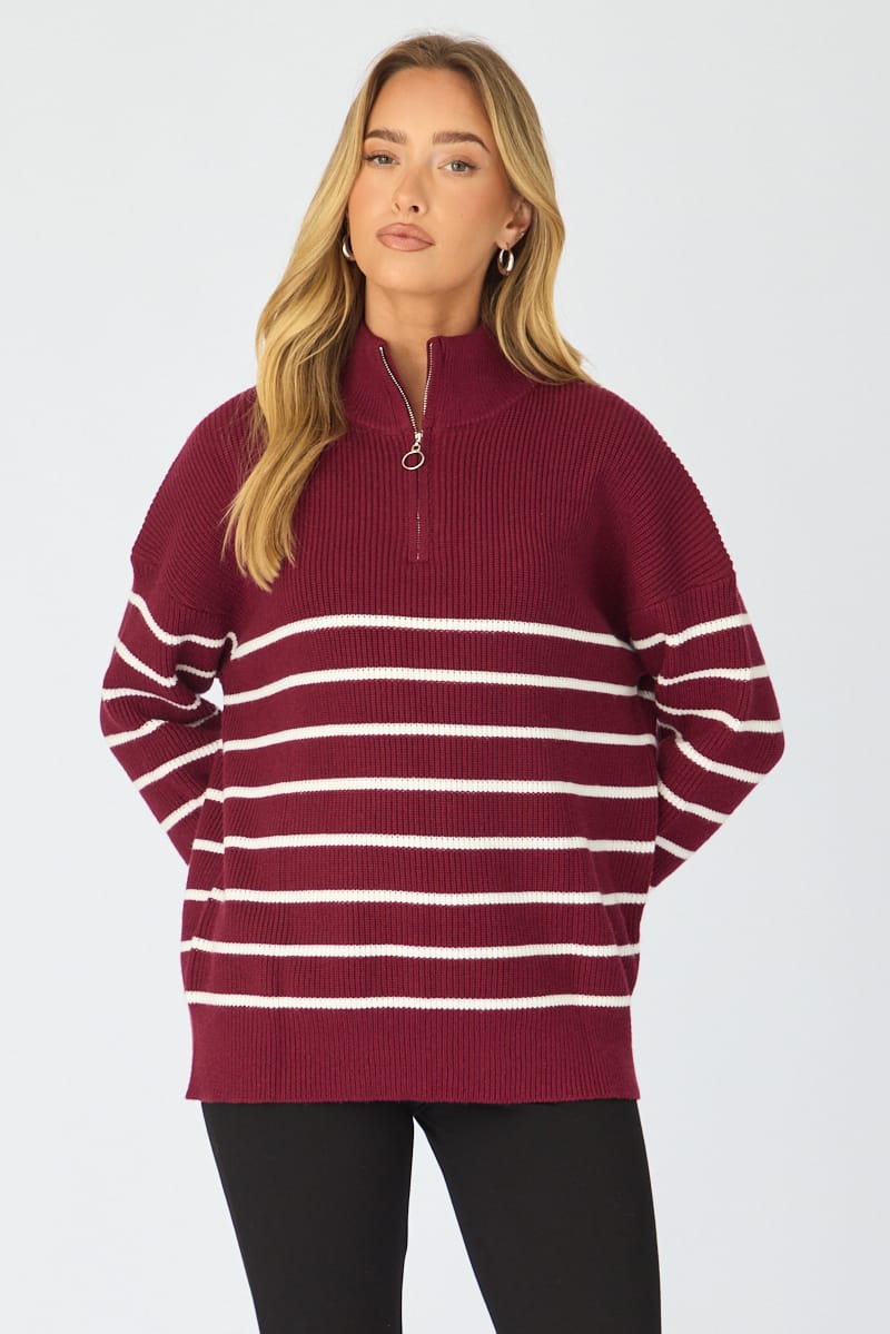 Red Stripe Stripe Quarter Zip Knit Fold Down Collar for Ally Fashion