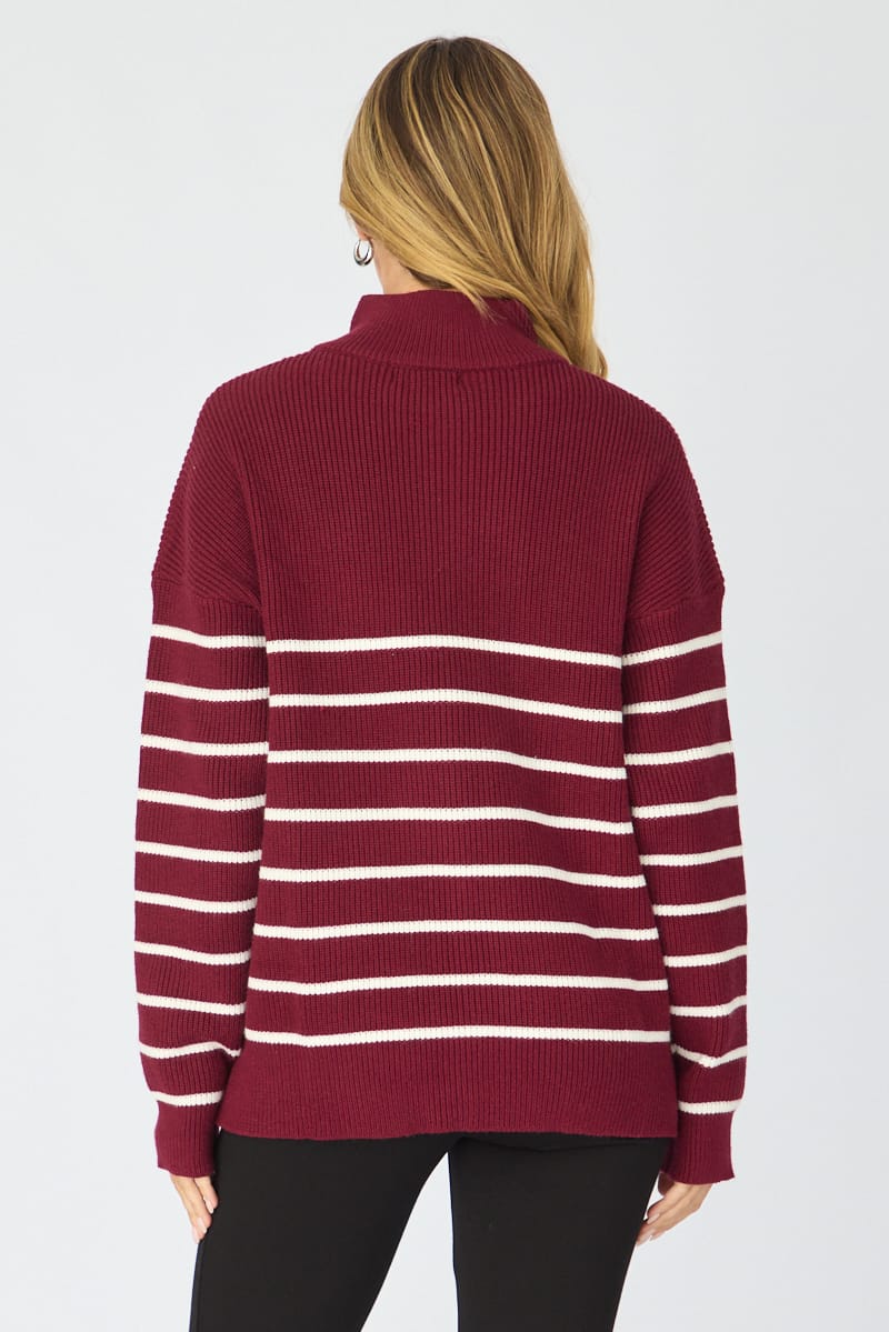 Red Stripe Stripe Quarter Zip Knit Fold Down Collar for Ally Fashion