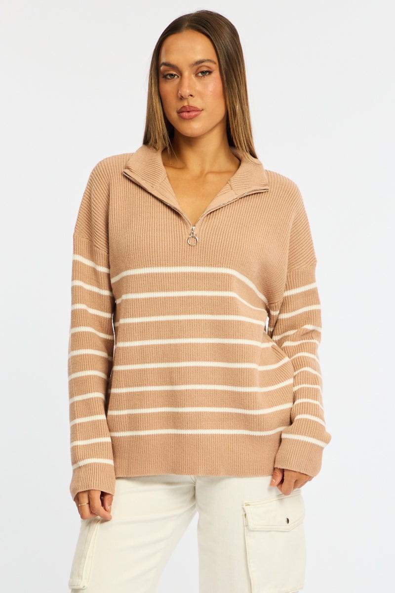 Beige Stripe Stripe Quarter Zip Knit Fold Down Collar for Ally Fashion