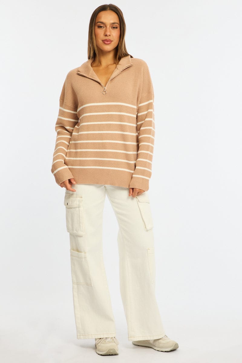Beige Stripe Stripe Quarter Zip Knit Fold Down Collar for Ally Fashion