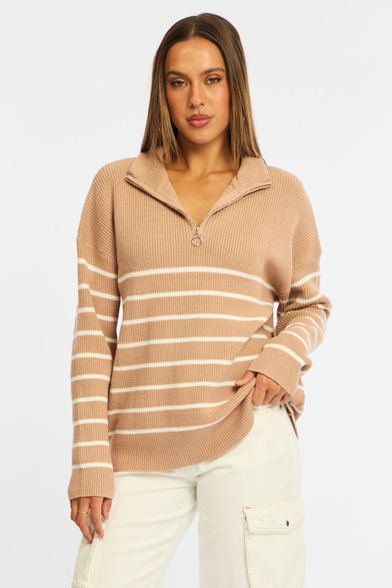 Beige Stripe Stripe Quarter Zip Knit Fold Down Collar for Ally Fashion