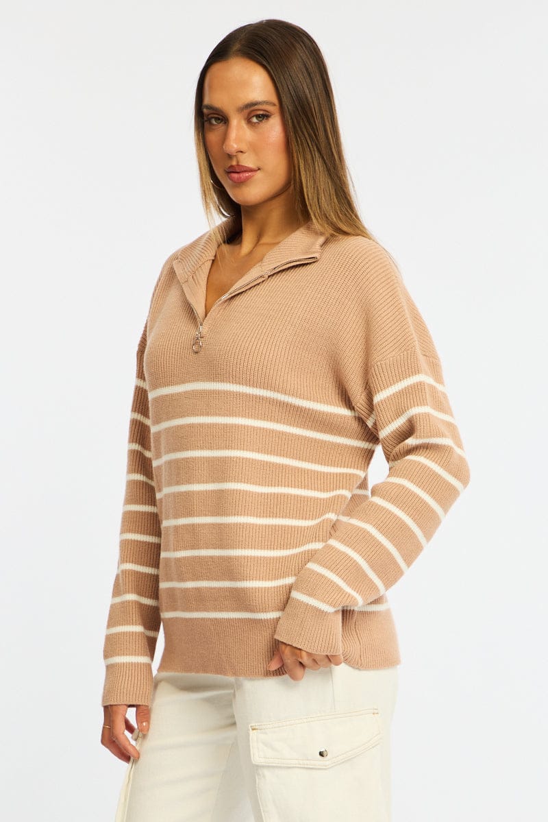Beige Stripe Stripe Quarter Zip Knit Fold Down Collar for Ally Fashion
