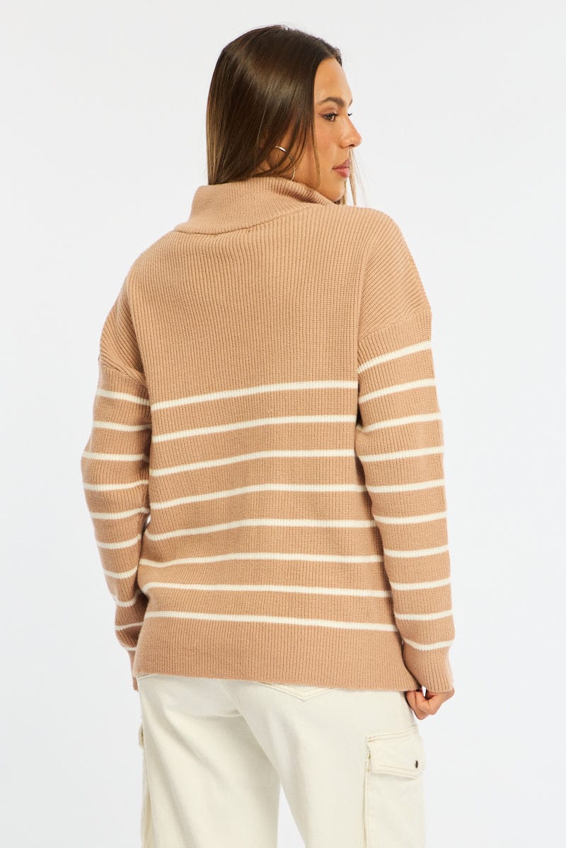Beige Stripe Stripe Quarter Zip Knit Fold Down Collar for Ally Fashion