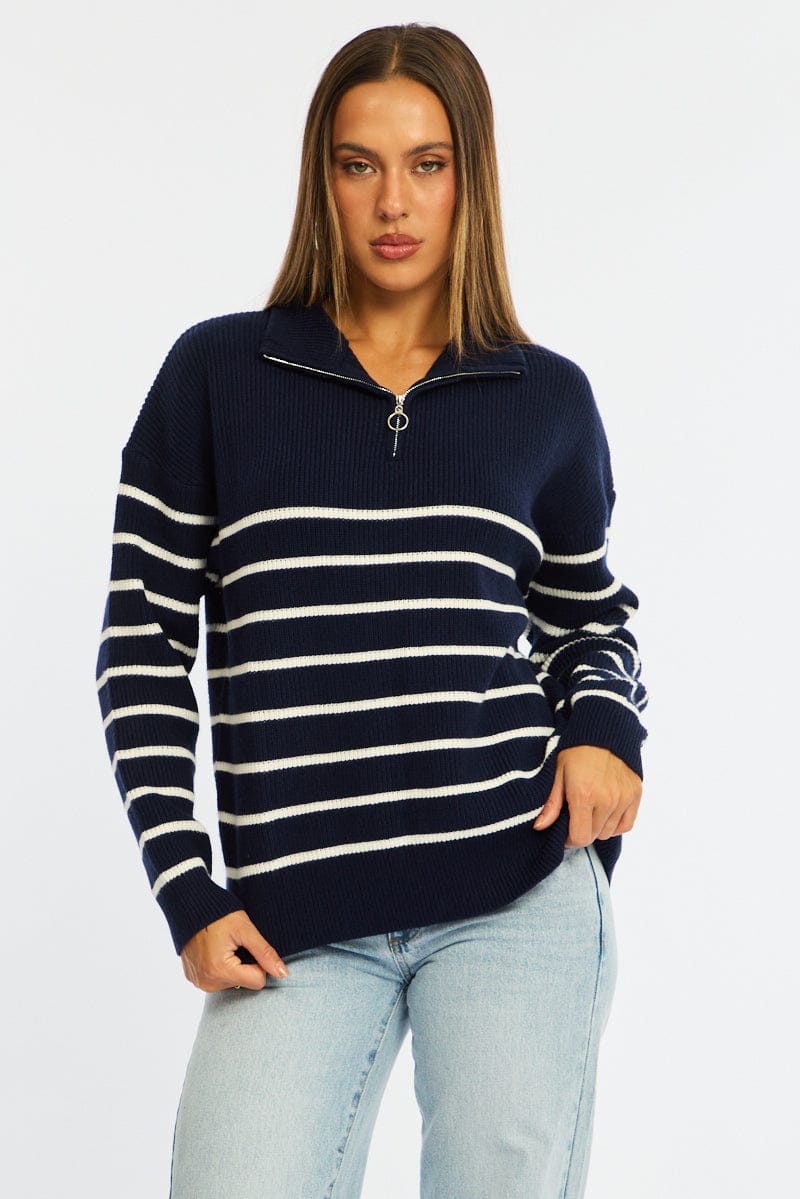 Blue Stripe Stripe Quarter Zip Knit Fold Down Collar for Ally Fashion