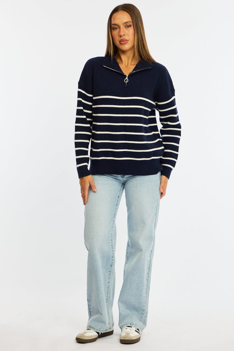 Blue Stripe Stripe Quarter Zip Knit Fold Down Collar for Ally Fashion