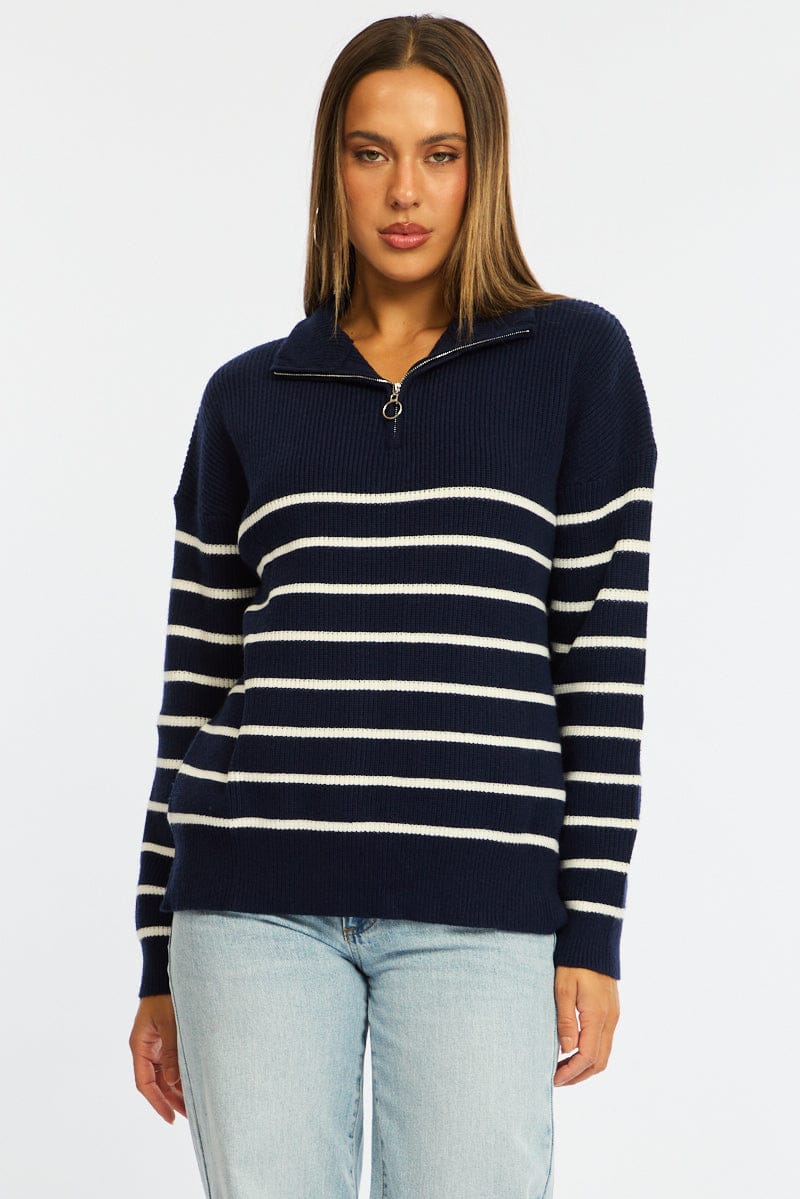 Blue Stripe Stripe Quarter Zip Knit Fold Down Collar for Ally Fashion