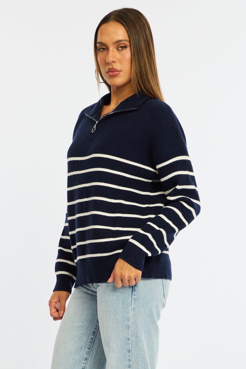 Blue Stripe Stripe Quarter Zip Knit Fold Down Collar for Ally Fashion