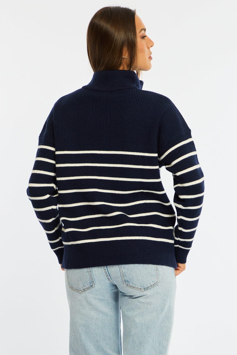 Blue Stripe Stripe Quarter Zip Knit Fold Down Collar for Ally Fashion