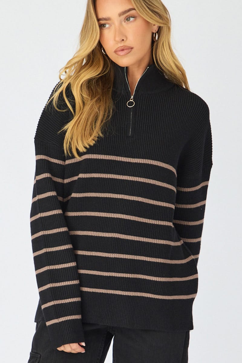 Black Stripe Stripe Quarter Zip Knit Fold Down Collar for Ally Fashion