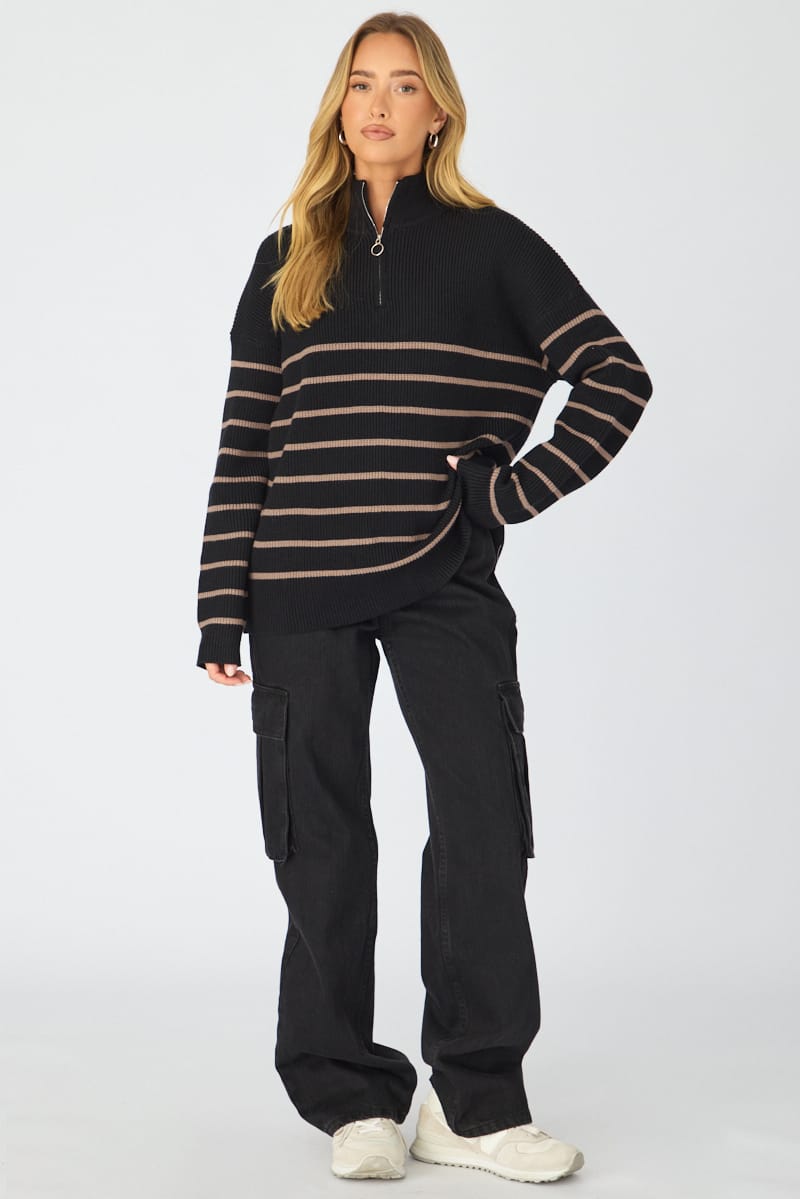 Black Stripe Stripe Quarter Zip Knit Fold Down Collar for Ally Fashion