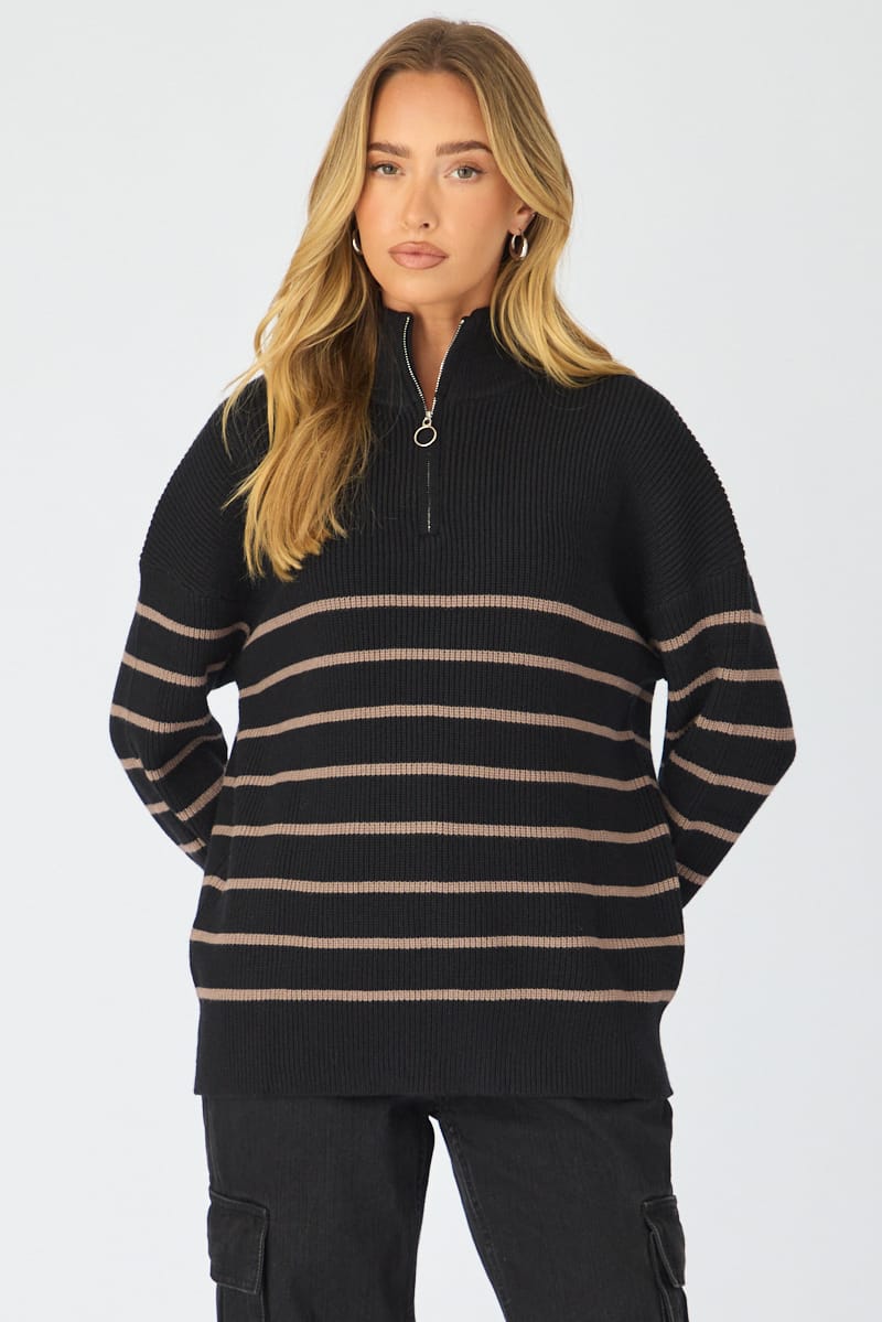 Black Stripe Stripe Quarter Zip Knit Fold Down Collar for Ally Fashion