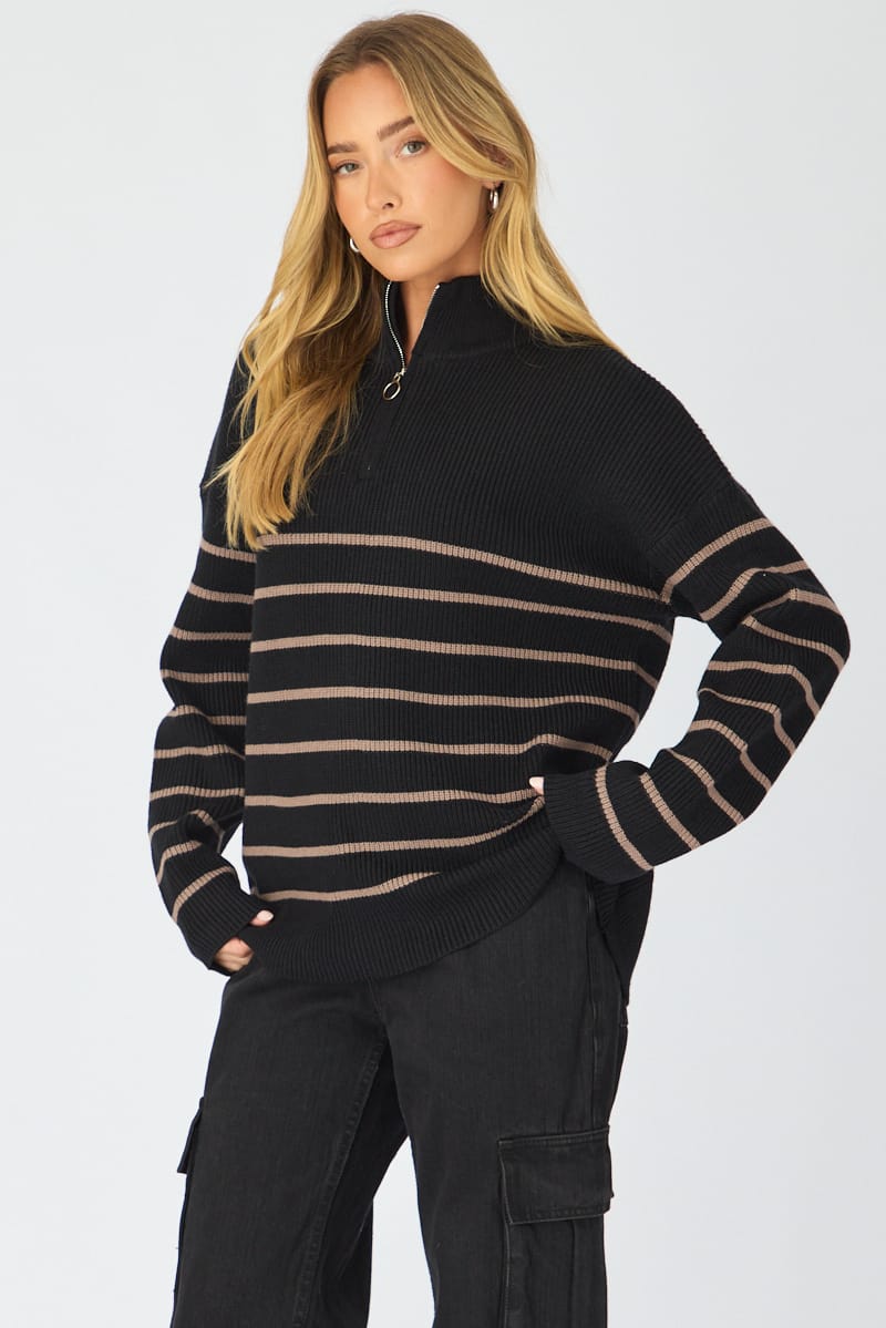 Black Stripe Stripe Quarter Zip Knit Fold Down Collar for Ally Fashion
