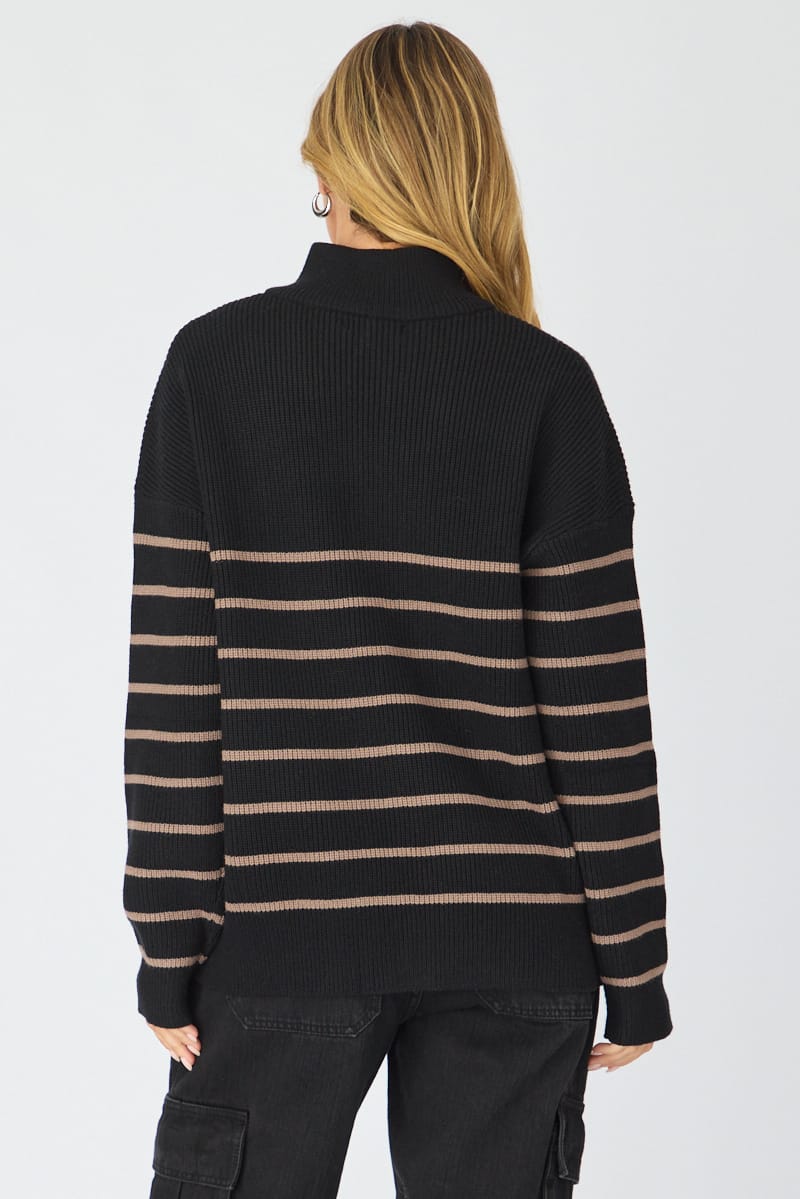 Black Stripe Stripe Quarter Zip Knit Fold Down Collar for Ally Fashion