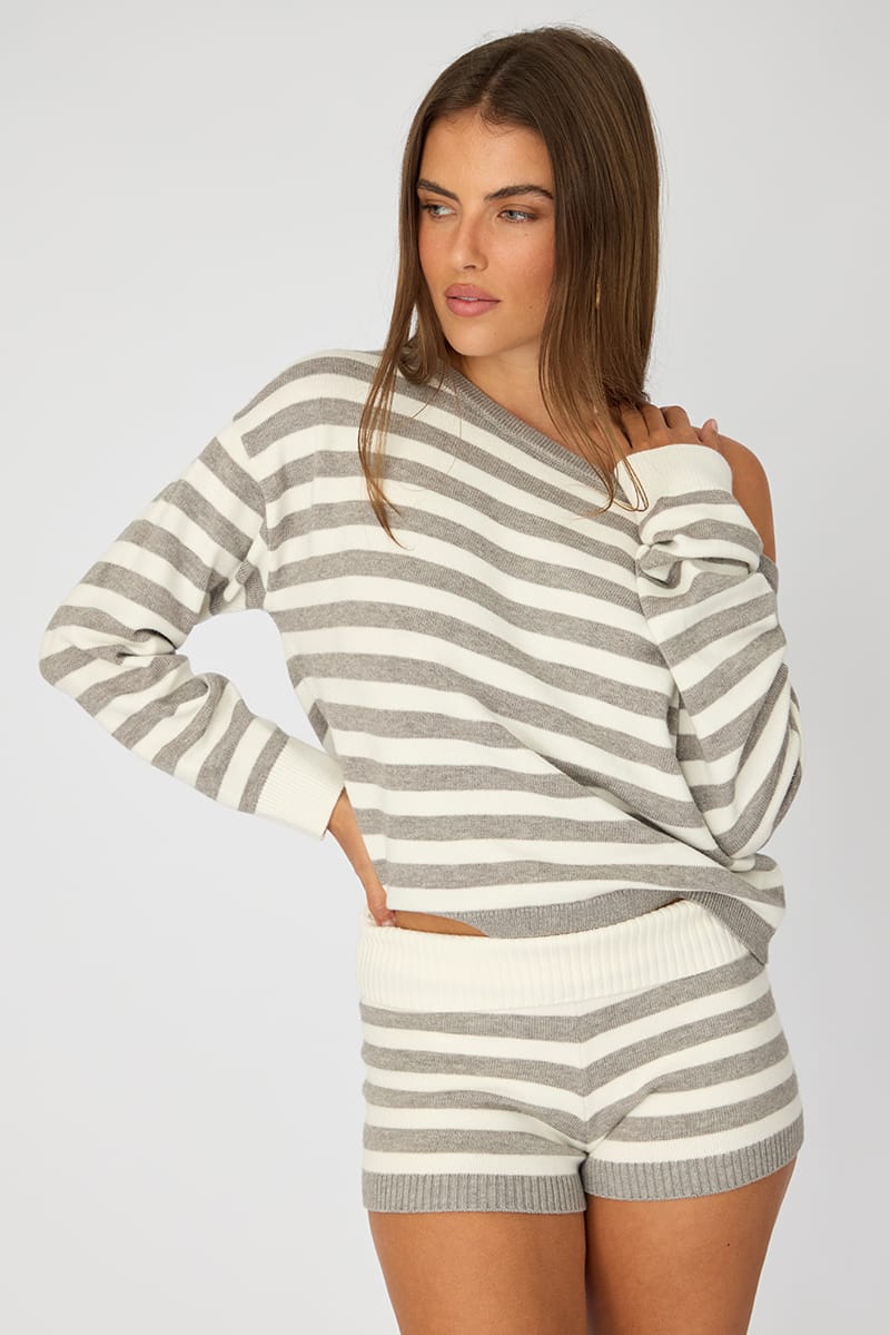Grey Stripe Asymmetric Stripe Jumper for Ally Fashion