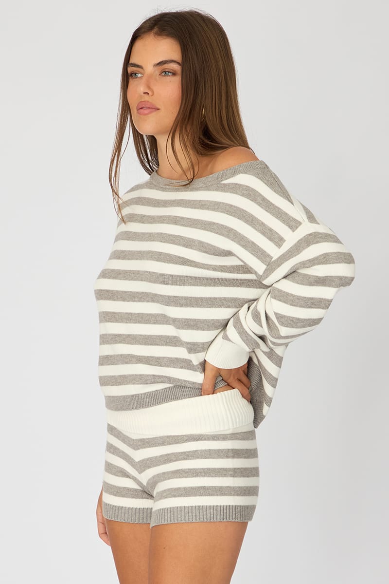 Grey Stripe Asymmetric Stripe Jumper for Ally Fashion