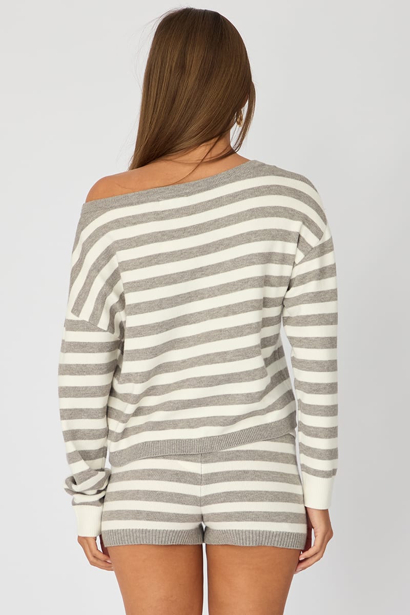 Grey Stripe Asymmetric Stripe Jumper for Ally Fashion