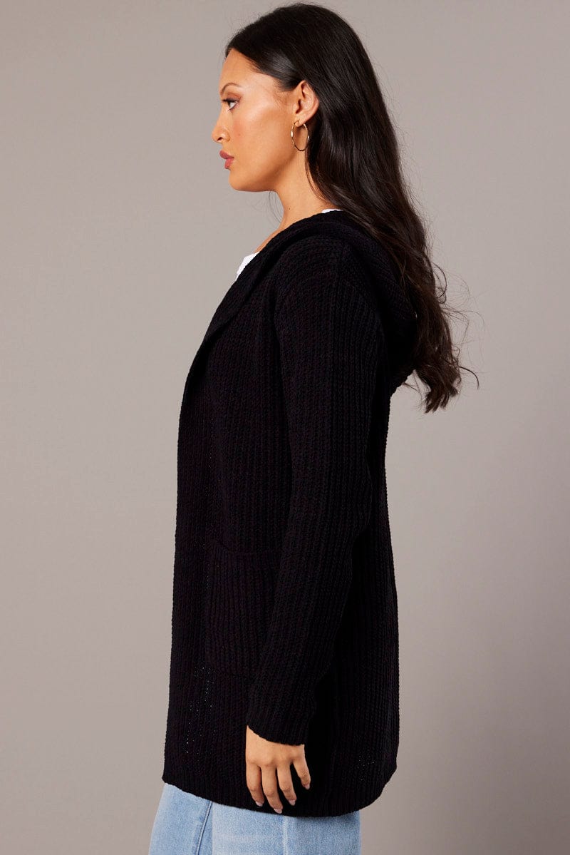 Black Knit Cardigan Hooded Longline Chenille for Ally Fashion