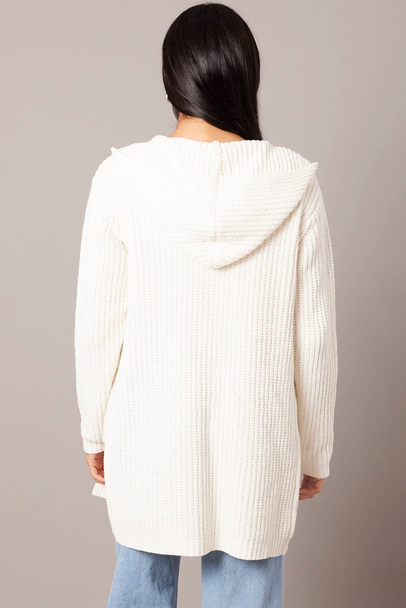 White Knit Cardigan Hooded Longline Chenille for Ally Fashion