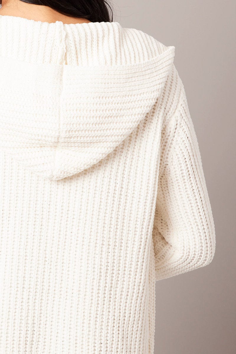 White Knit Cardigan Hooded Longline Chenille | Ally Fashion