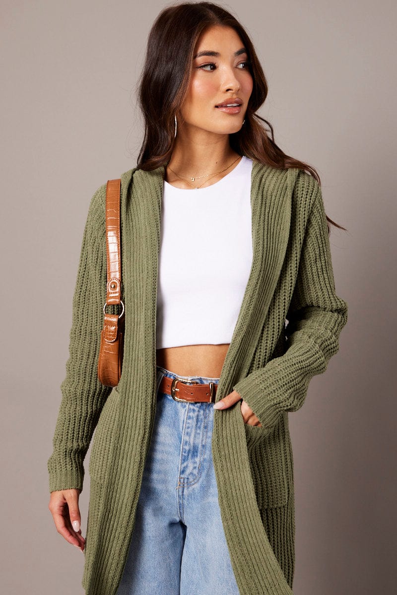 Green Knit Cardigan Hooded Longline Chenille for Ally Fashion