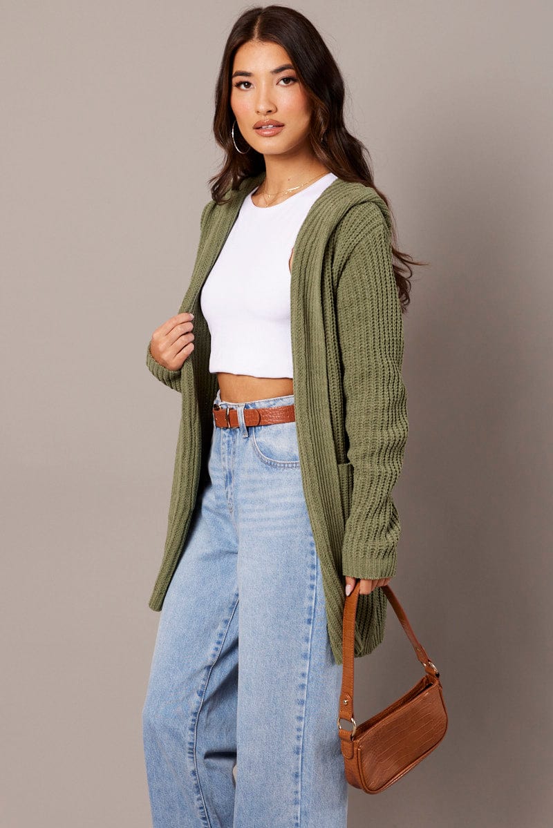 Green Knit Cardigan Hooded Longline Chenille for Ally Fashion