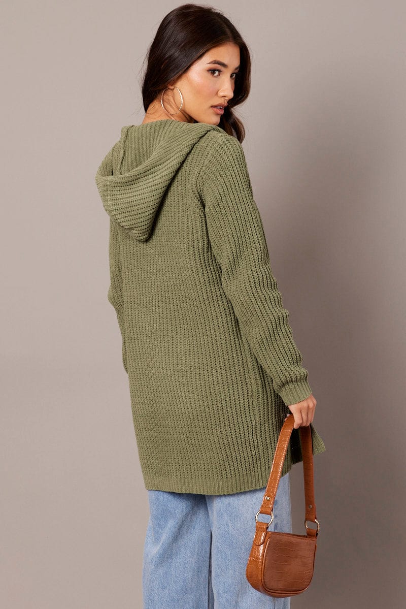 Green Knit Cardigan Hooded Longline Chenille for Ally Fashion